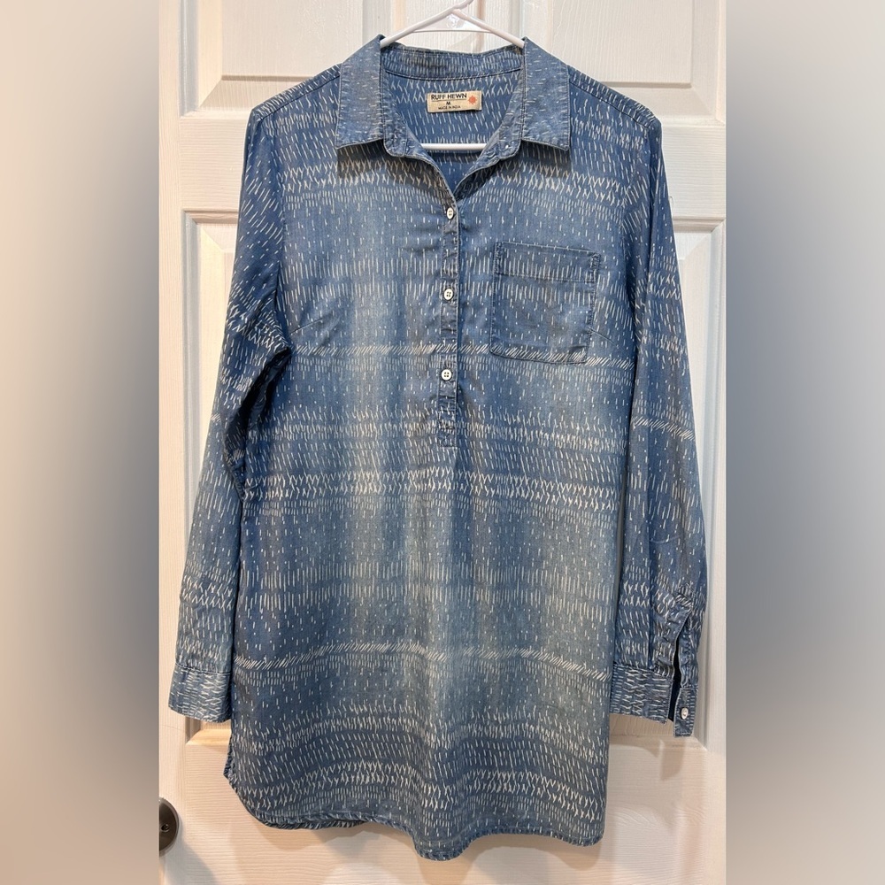 Ruff Hewn Womens Chambray Tunic Blouse Size M Western Chore Boho Hippie Casual‎